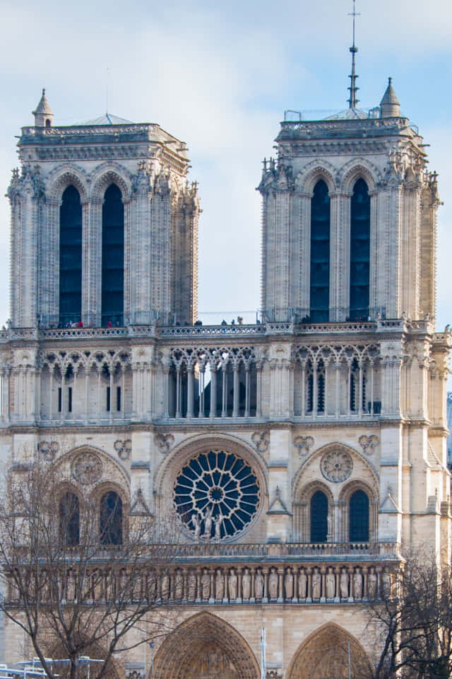 Notre Dame-katedralens frontview illustrerer magnifikke detaljer med kirkeklokke og et glimt af himlen. Wallpaper