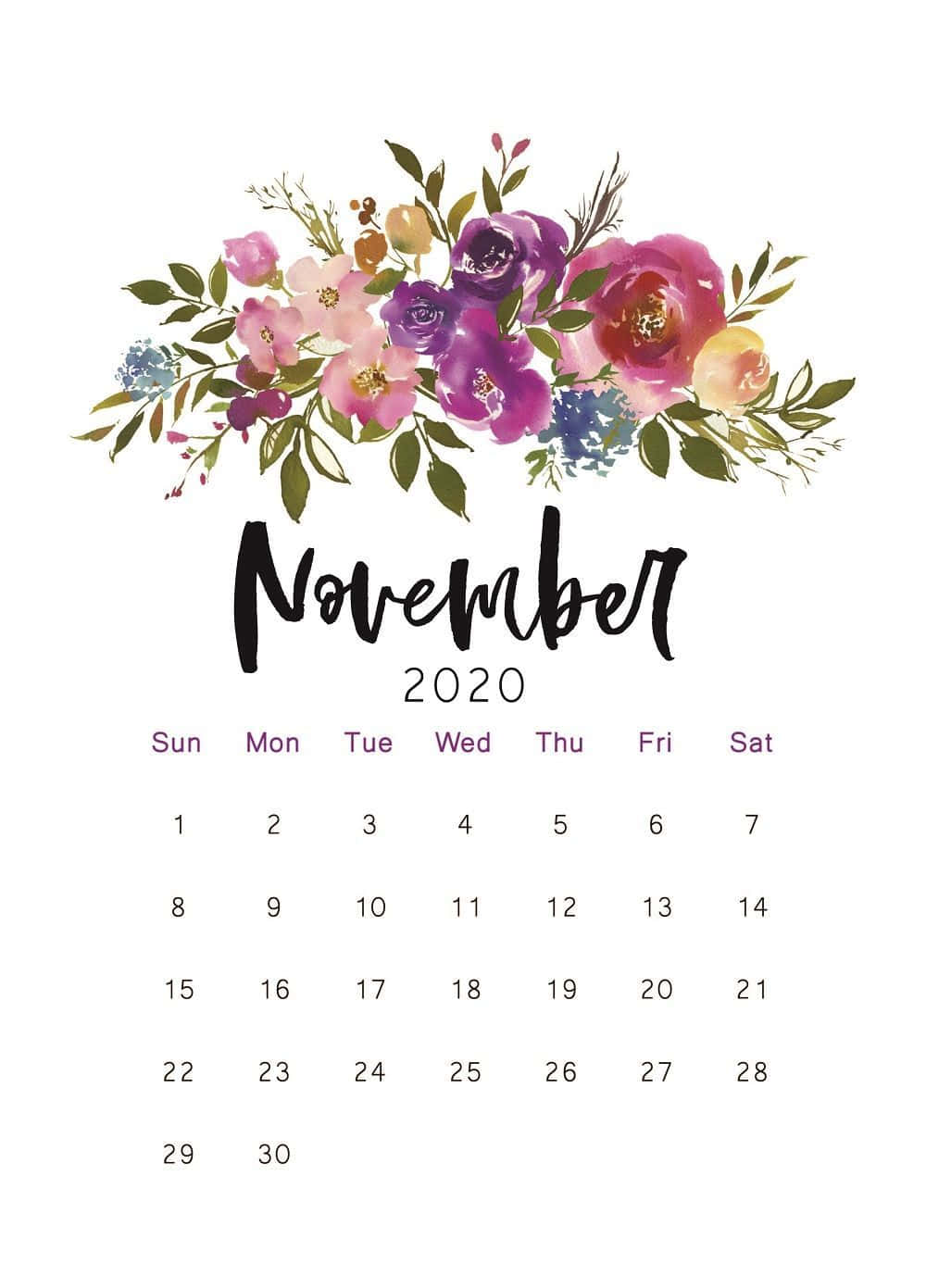 November 2020 Floral Calendar Wallpaper