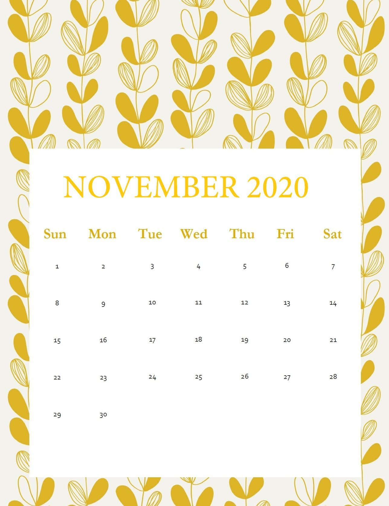 November 2020 Calendar Yellow Template Wallpaper