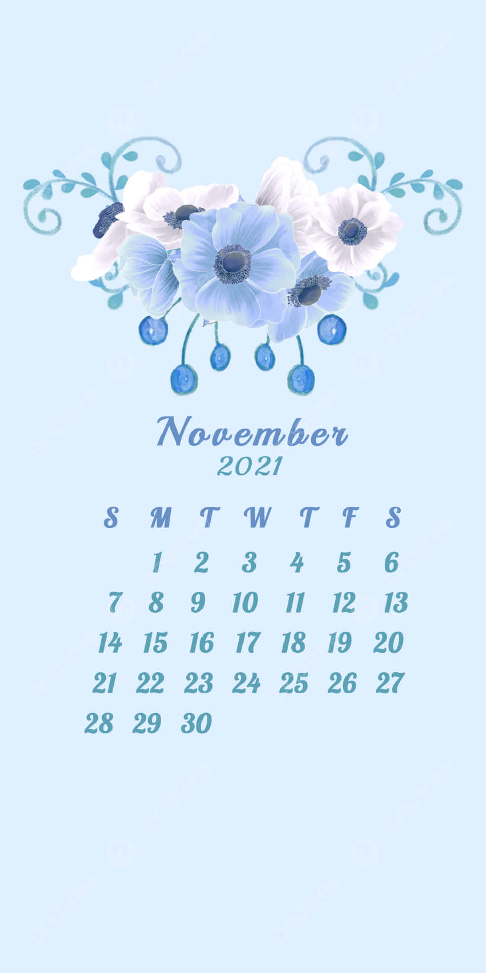 November 2021 Calendar Floral Blue Aesthetic Wallpaper