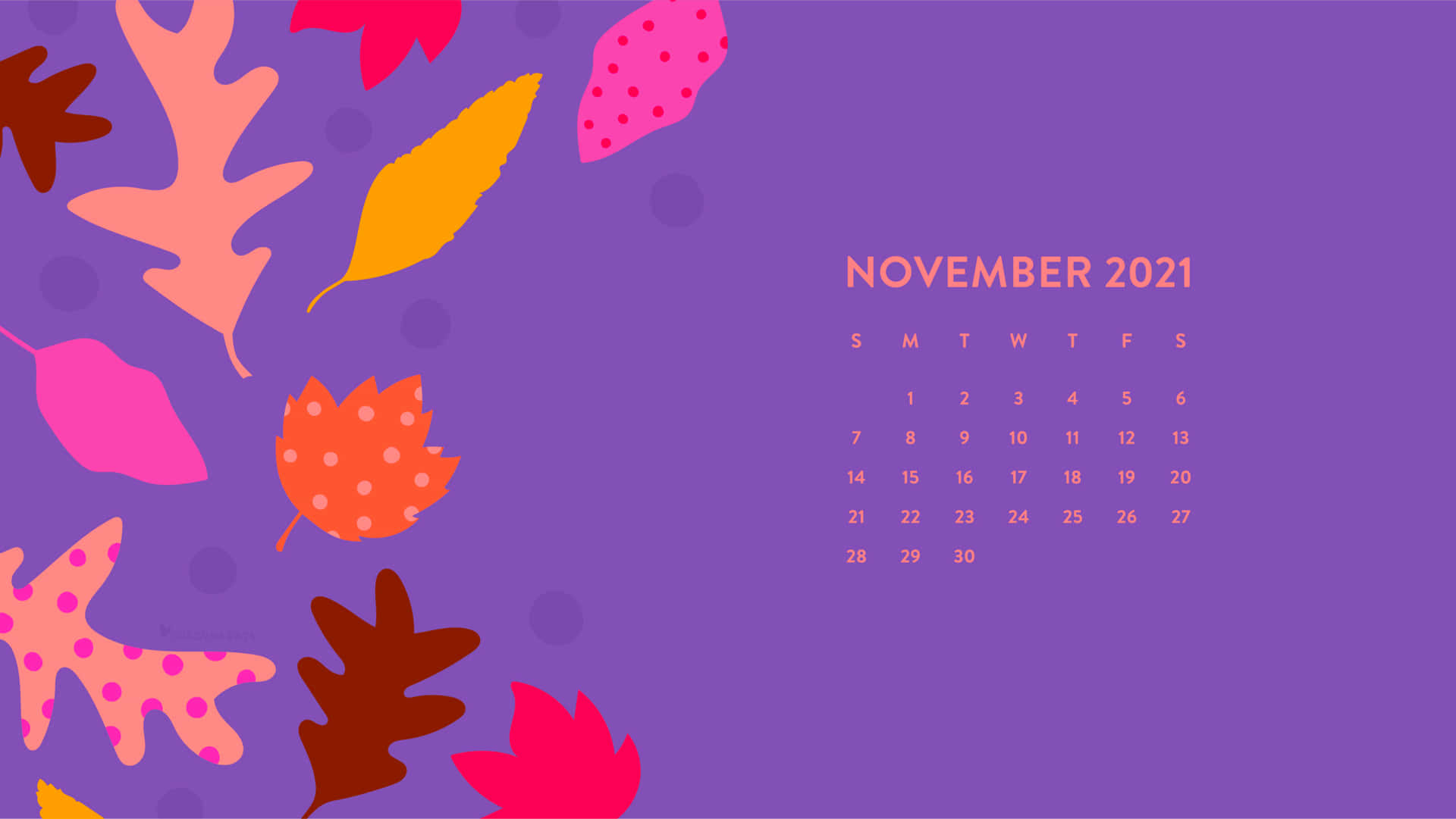 November 2021 Calendar Purple Autumn Leaves Art Wallpaper