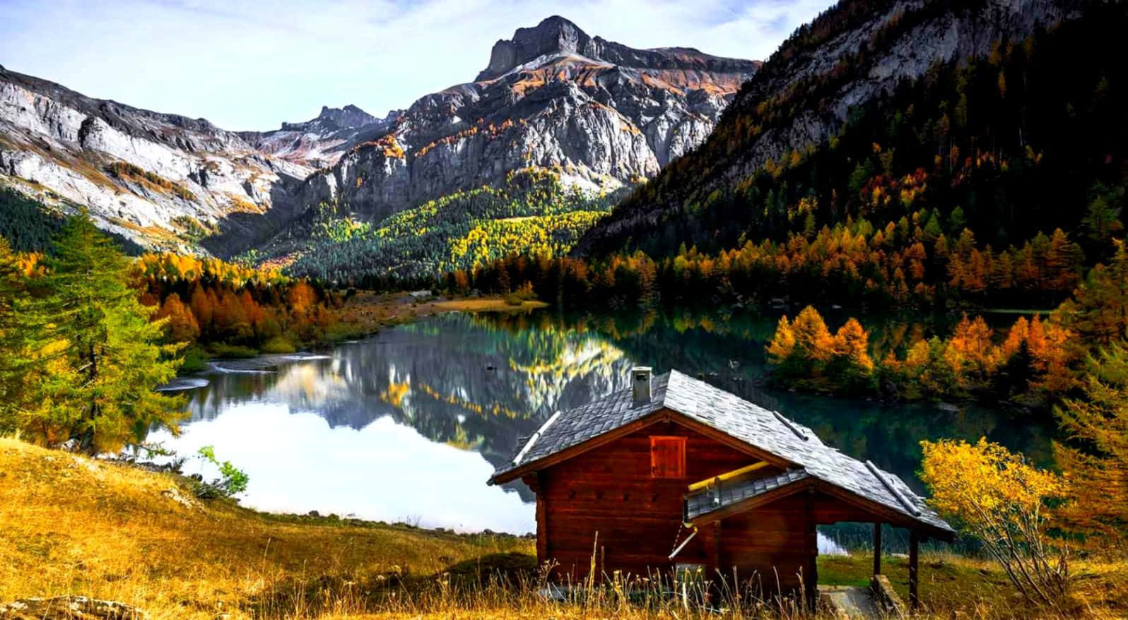 November Fall Cottage By Lake Wallpaper