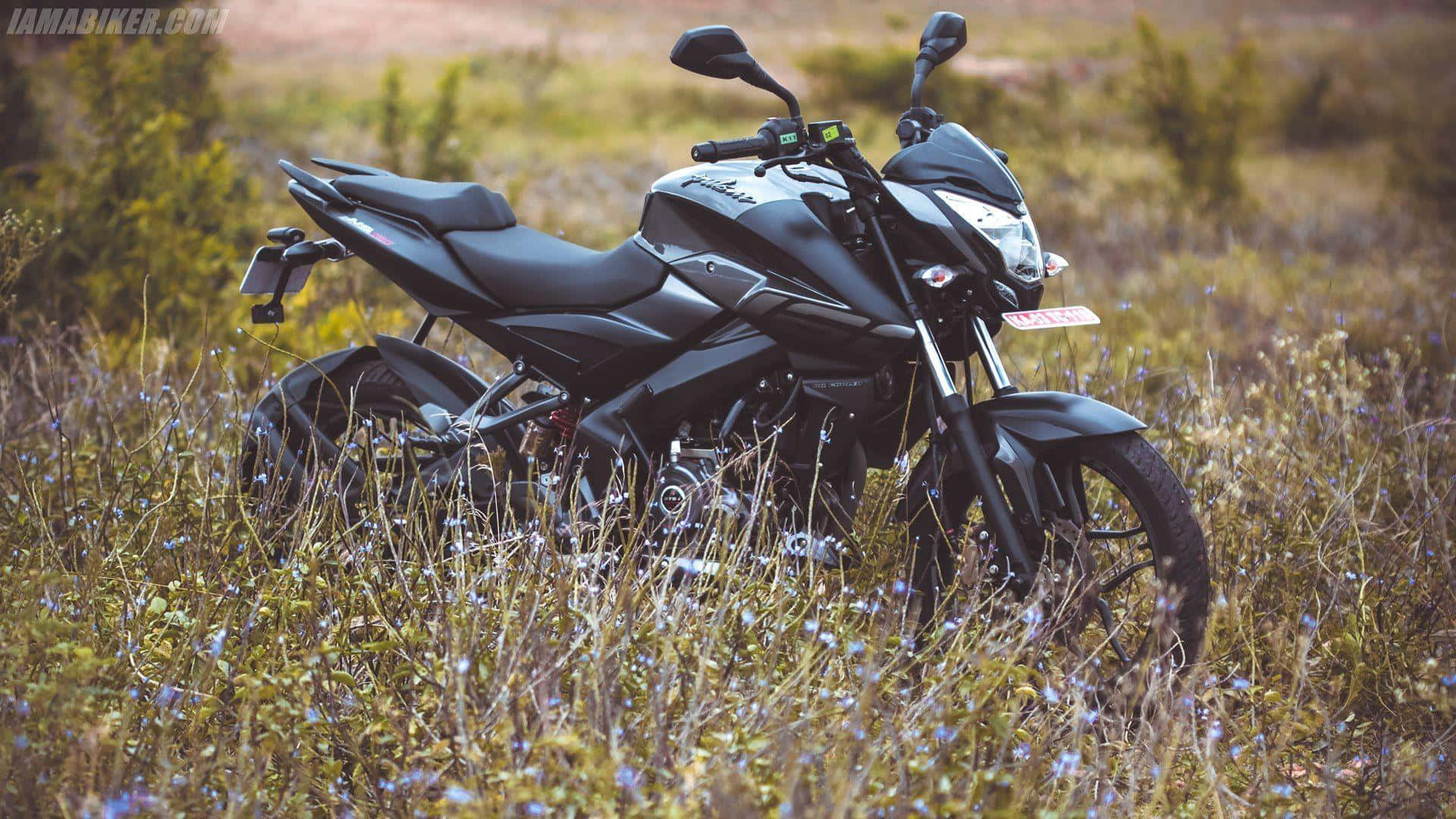 A Black Motorcycle Parked In A Field Of Tall Grass