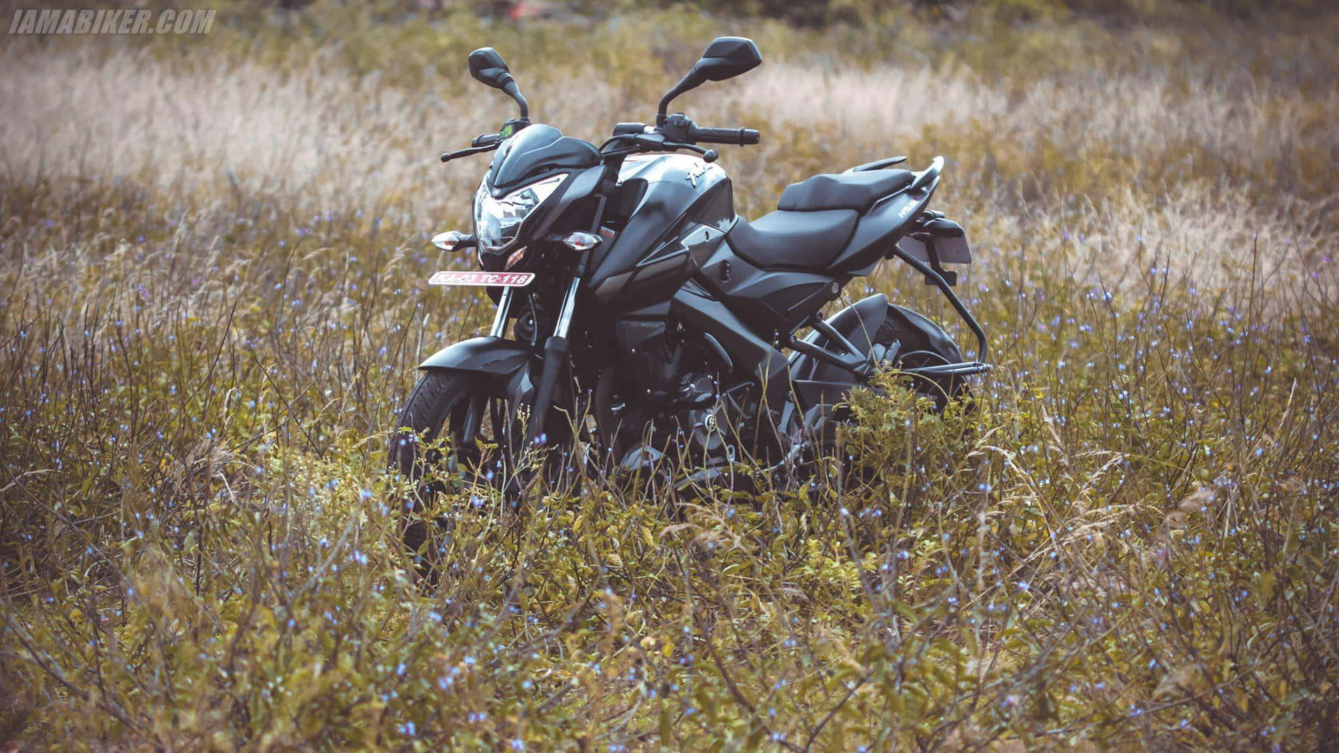 Ensvart Motorcykel Parkerad I Ett Fält Av Högt Gräs.