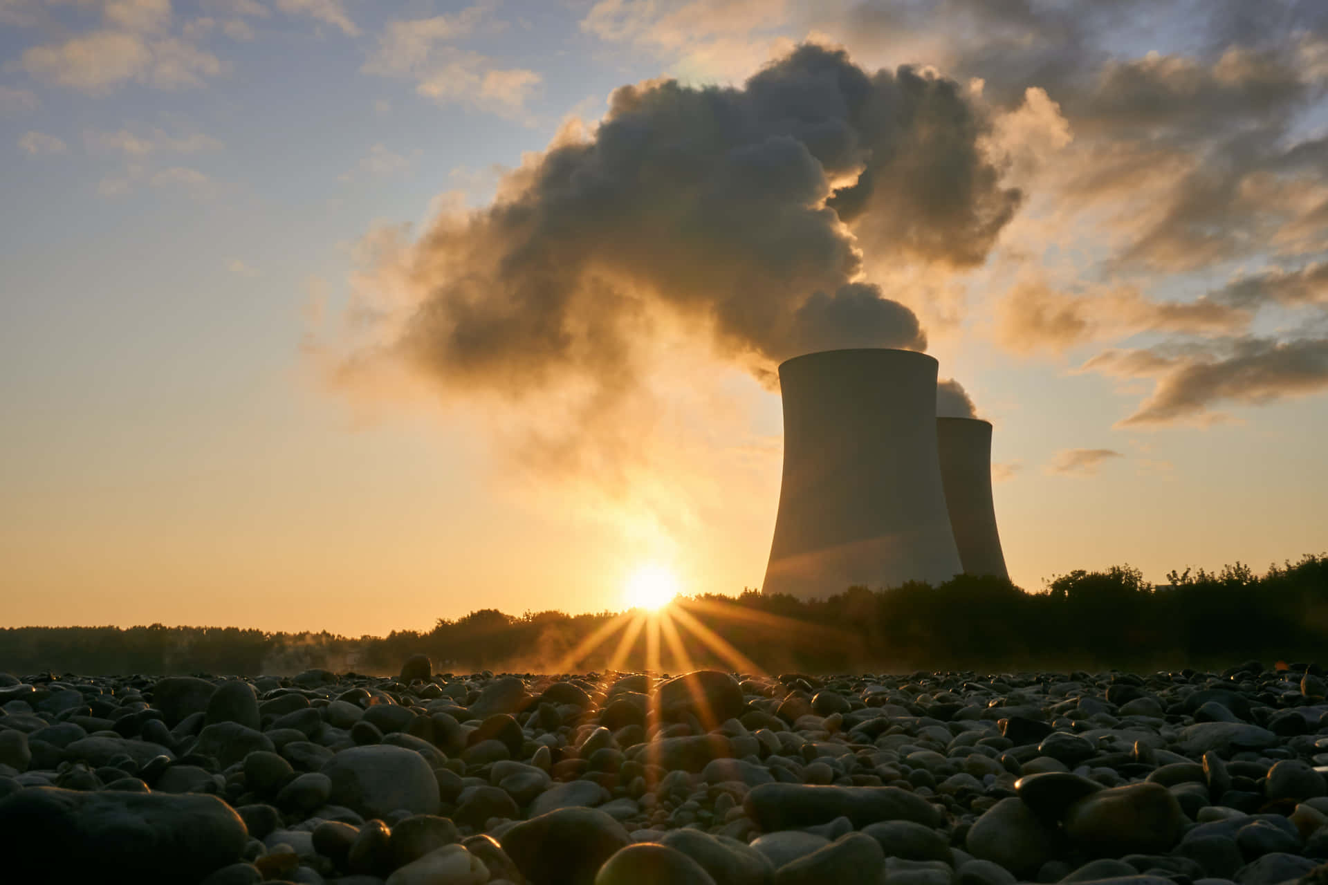 Nucleaire Energiecentrale Zonsondergang Achtergrond