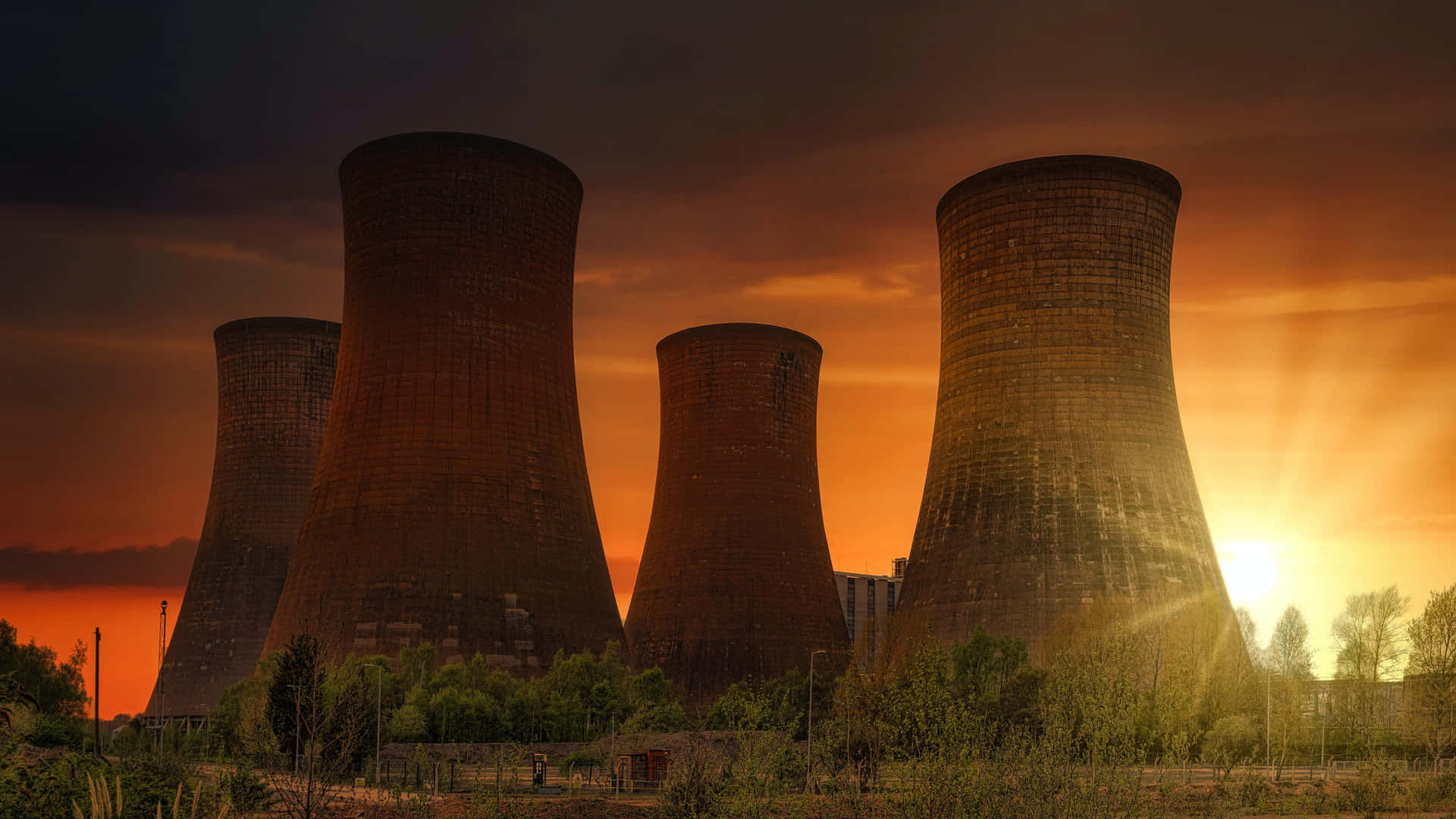 Nucleaire Energiecentrale Zonsondergang Silhouet Achtergrond