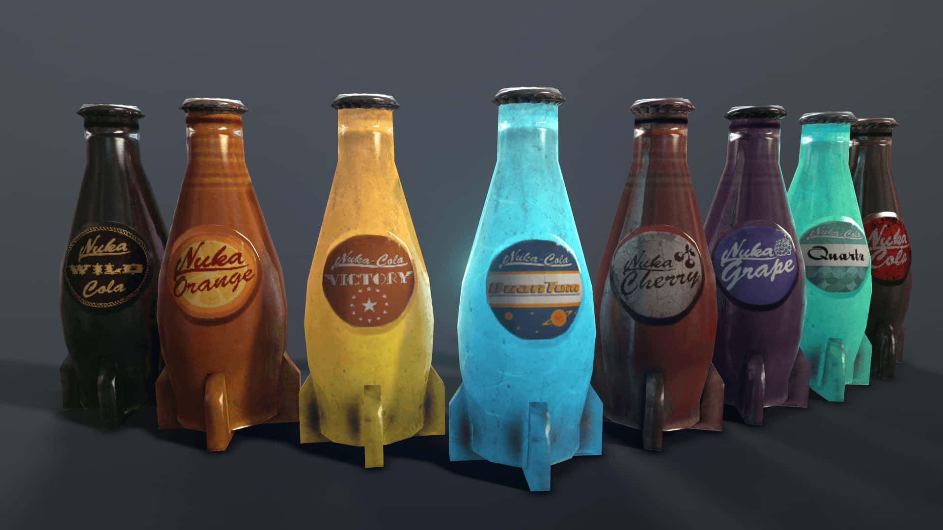 A Group Of Different Colored Soda Bottles Are Lined Up Wallpaper