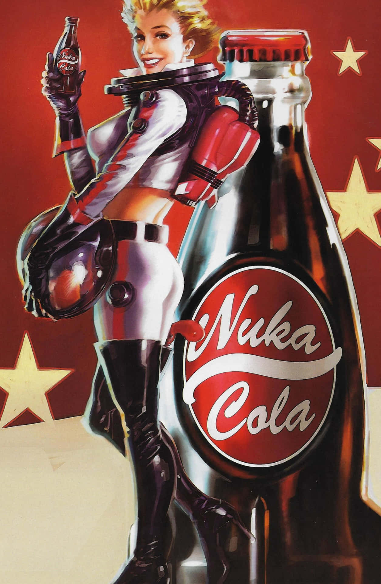 Et plakat af en kvinde der holder en sodavandsflaske i hånden. Wallpaper