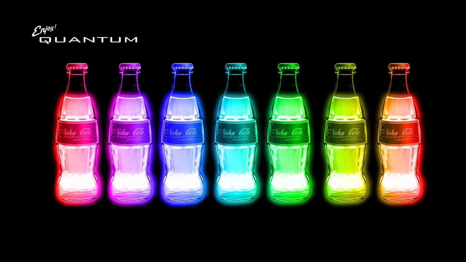 En gruppe af farverige Coca-Cola flasker med ordet quantum leaping over Wallpaper