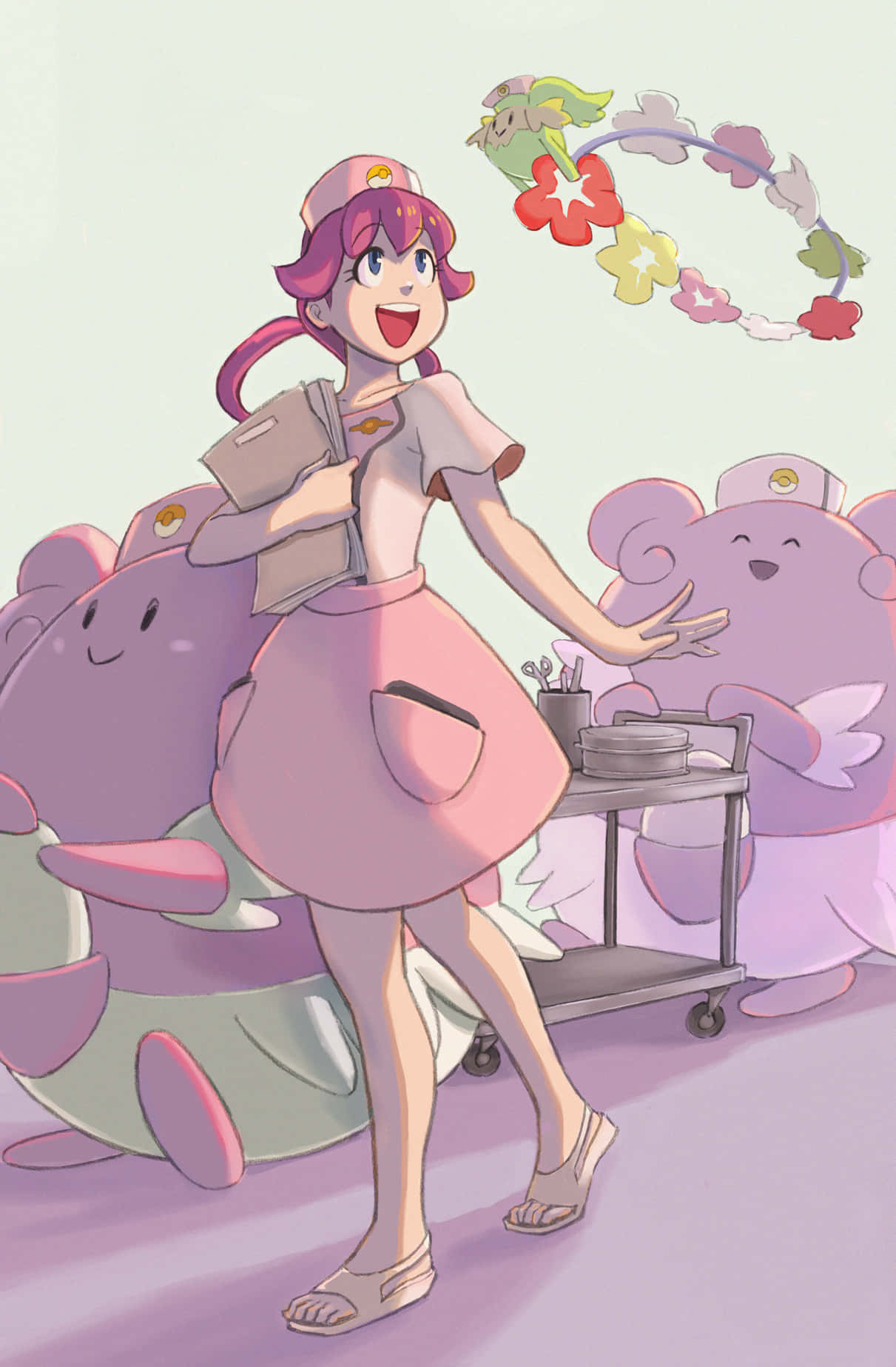 Unincontro Amichevole Con L'infermiera Joy E Il Suo Fidato Pokémon, Blissey. Sfondo