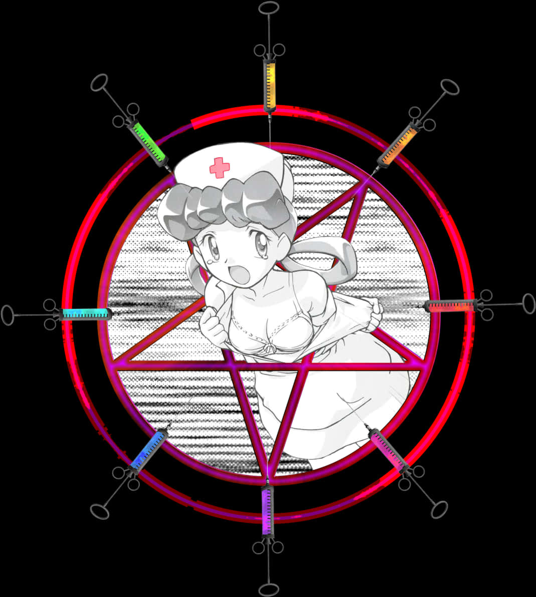 Nurse Character In Pentagram With Syringes PNG