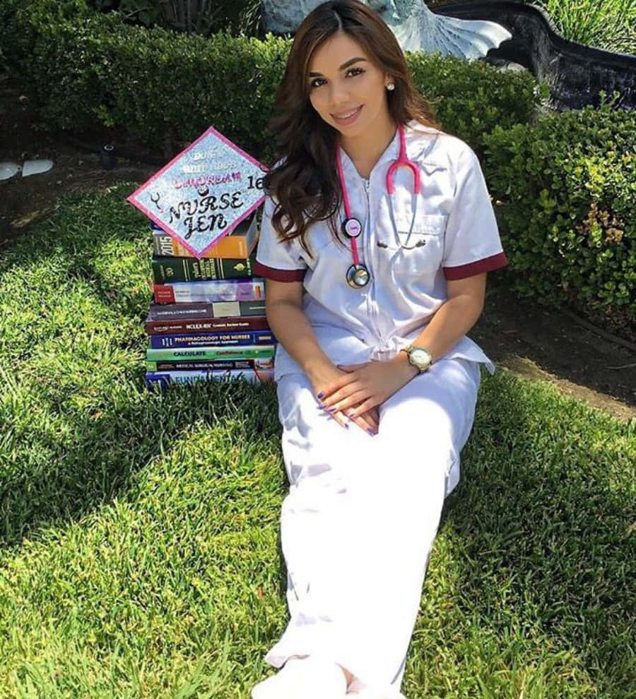 Ensjuksköterska Som Sitter På Gräset Med Böcker