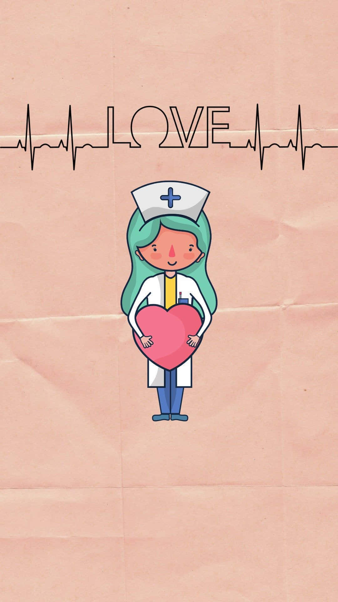 En sygeplejerske, der holder et hjerte med ordene kærlighed og omsorg Wallpaper