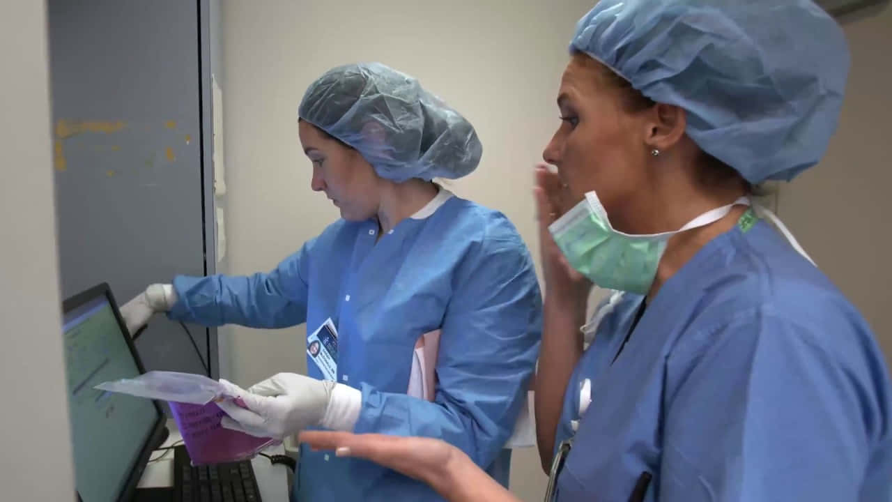 Two Women In Scrubs Are Working On A Computer