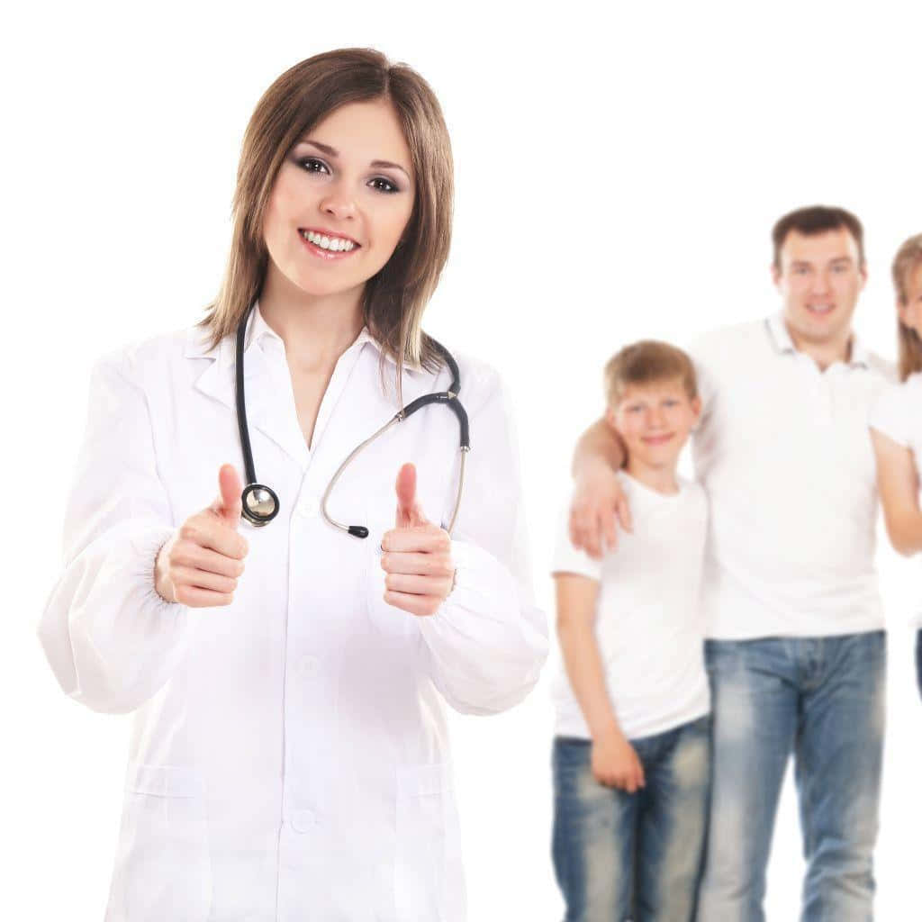A Doctor With Her Family Showing Thumbs Up
