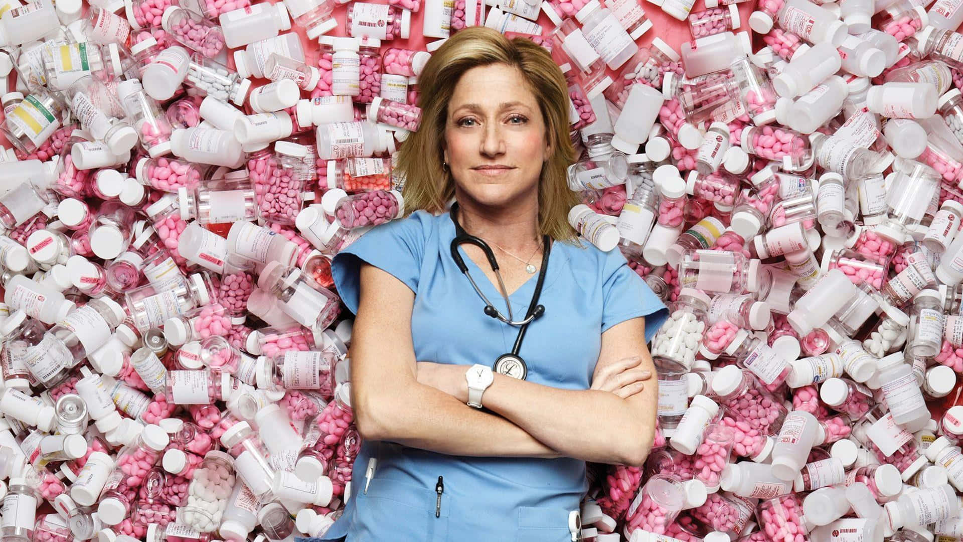 A Woman Standing In Front Of A Pile Of Pills