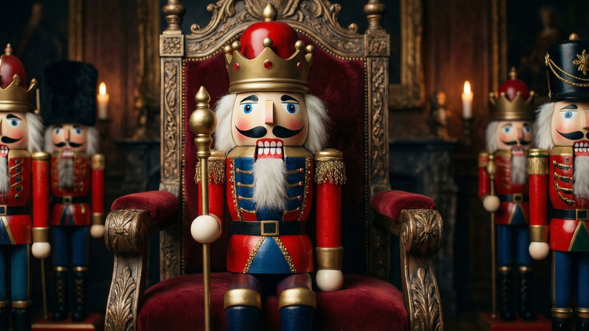 A nutcracker king figurine sitting on a throne with soldiers.