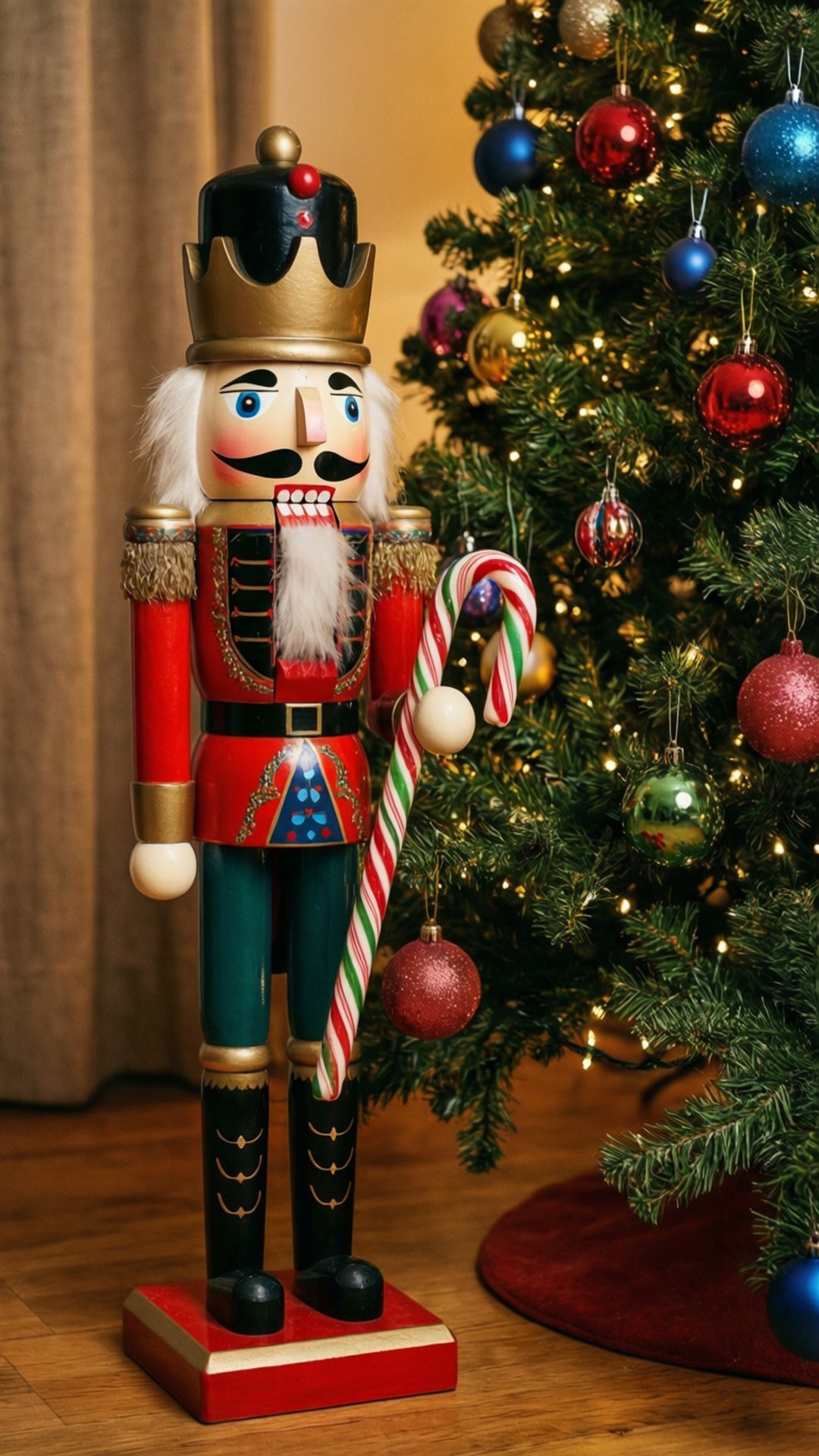 En festlig nøtteknekker-soldat som holder en sukkertøy-stav ved siden av et pyntet juletre.