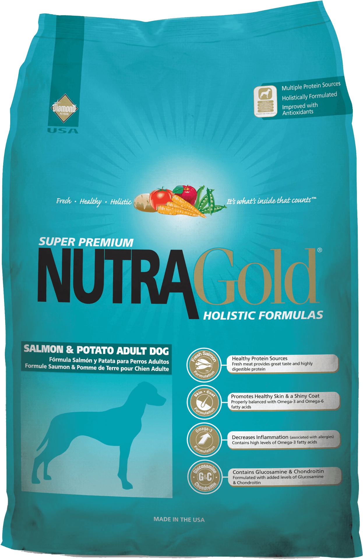 Nutra Gold Salmon Potato Dog Food Bag PNG