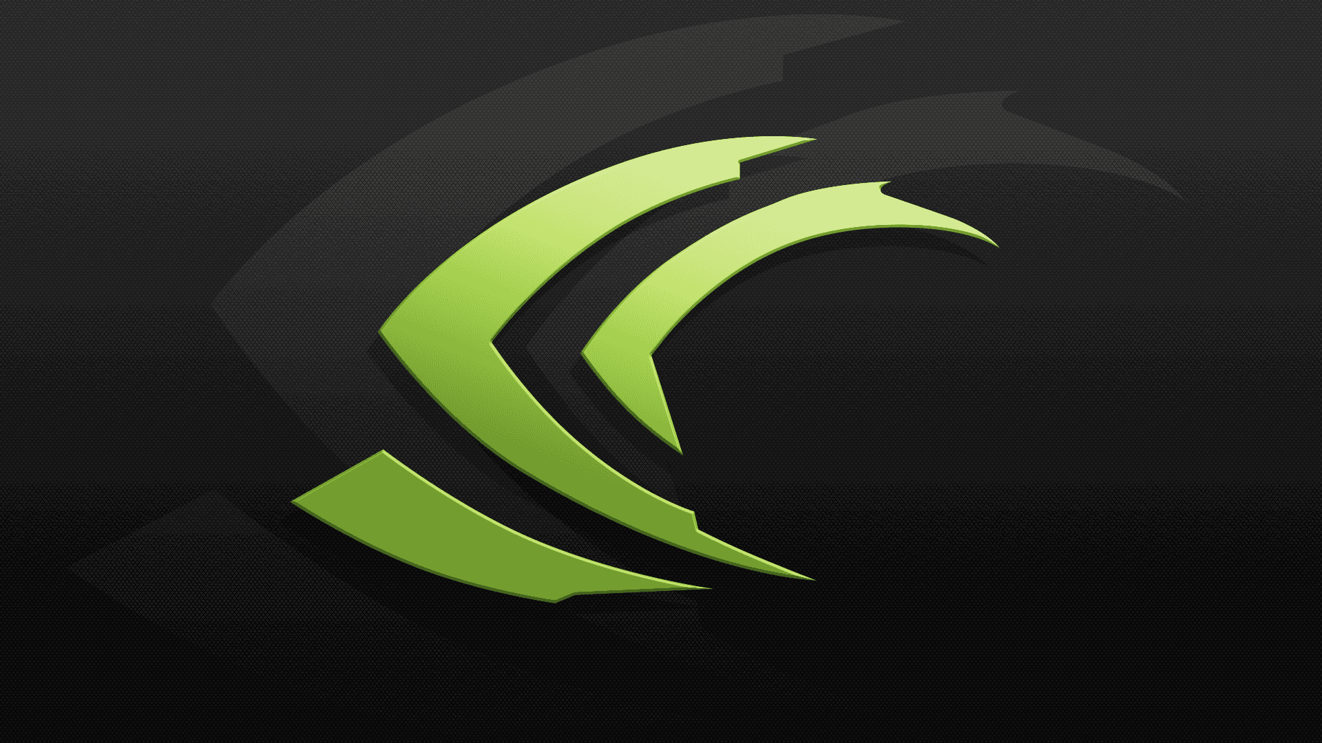 Graficamoderna, alimentata da Nvidia. Sfondi — Un logo NVIDIA verde lime brillante con strati angolari netti risalta su uno sfondo nero scuro strutturato con sottili vortici sfumati.