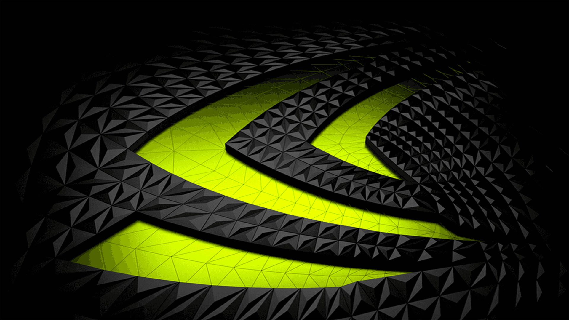 Experience the power of NVIDIA gaming graphics Background — A glowing neon green curved logo emerges from a dark geometric triangular pattern against a black background.