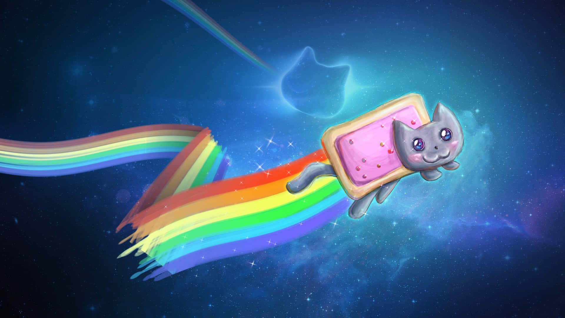 Caption: Colorful Nyan Cat zooming through space with a rainbow trail