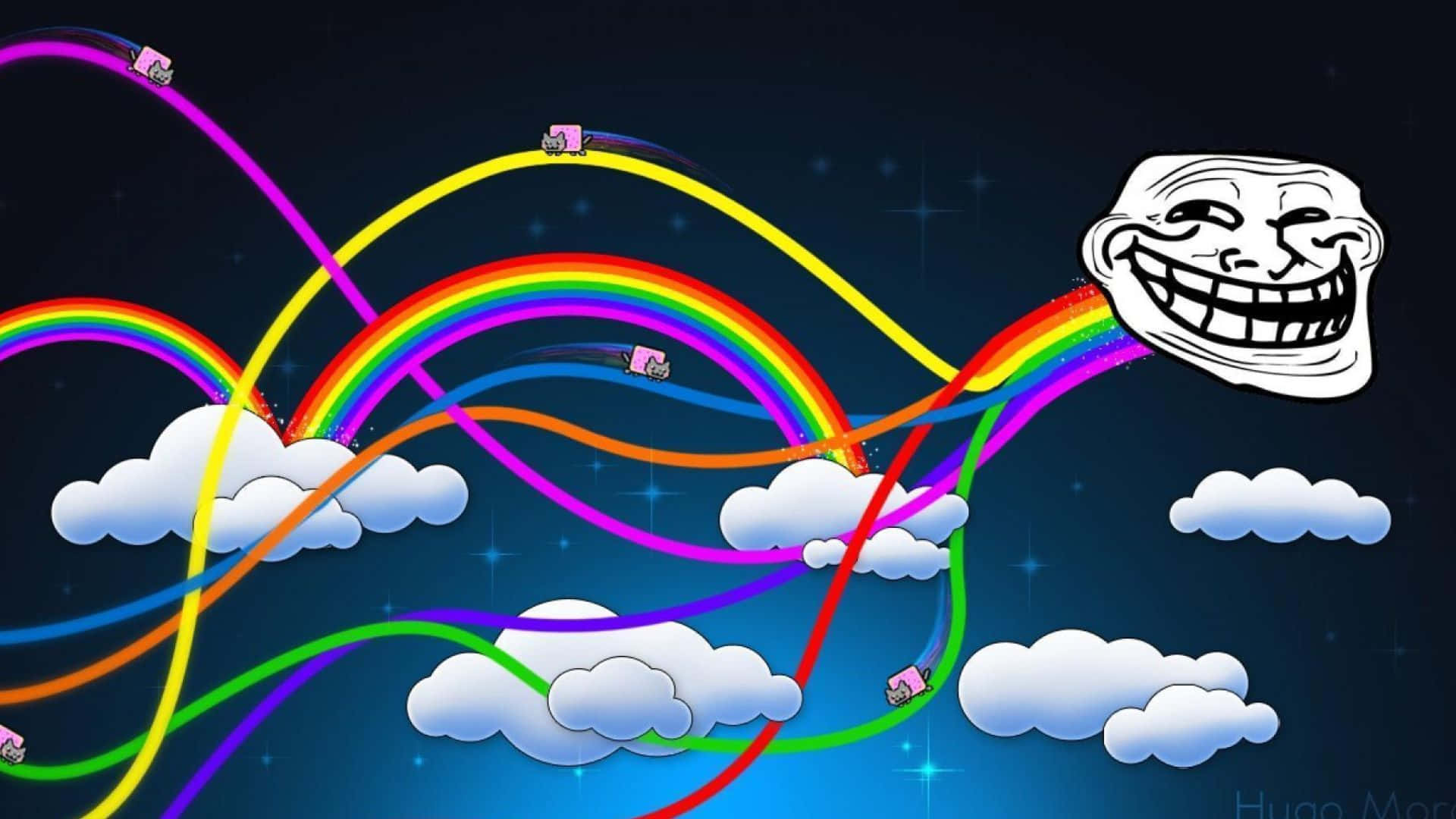 Nyan Cat flying across a colorful rainbow background