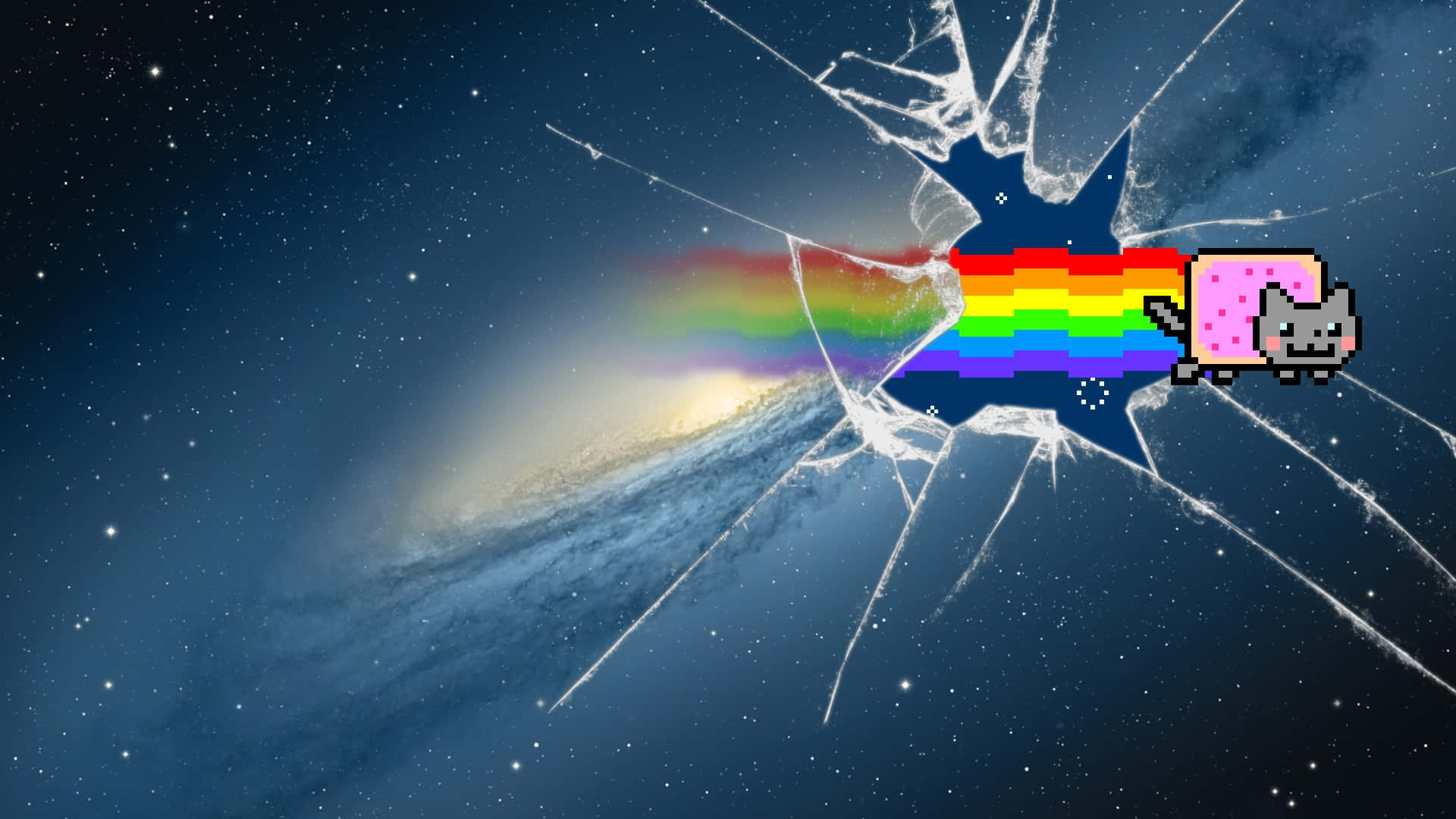 Nyan Cat flying through space with a rainbow trail
