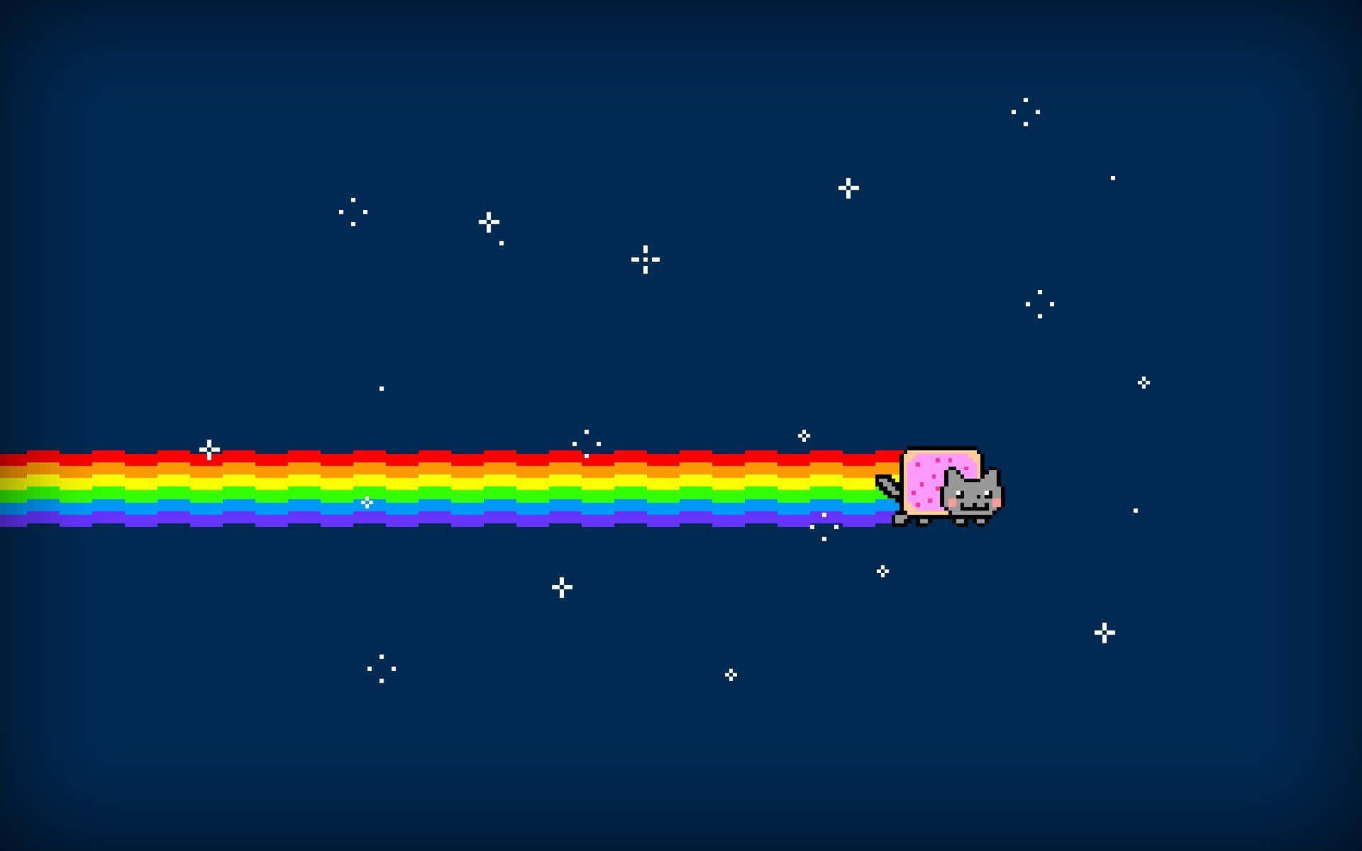 Nyan Cat soaring through space in a colorful, pixelated world.