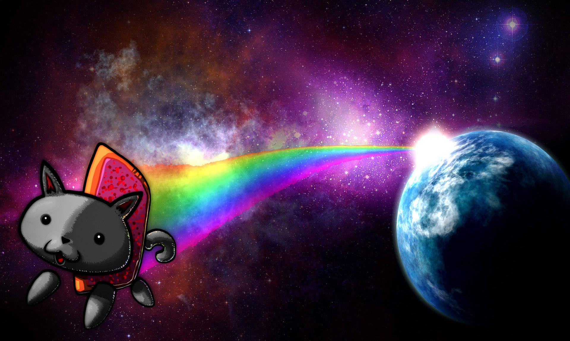 Nyan Cat with bread costume flying in outer space over the rainbow.
