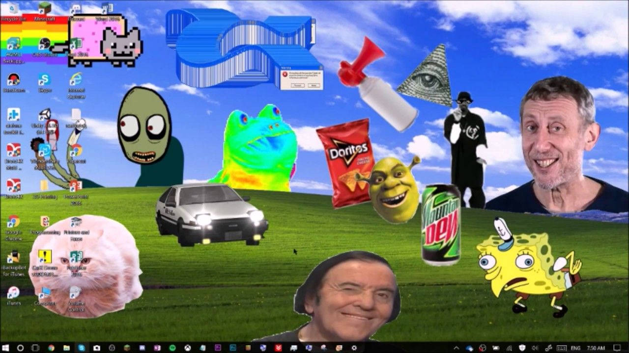 Desktop full of meme faces and funny expression, messy background.
