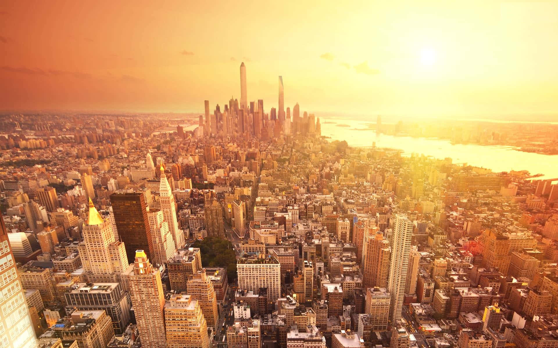 New York City's iconic skyline at sunset