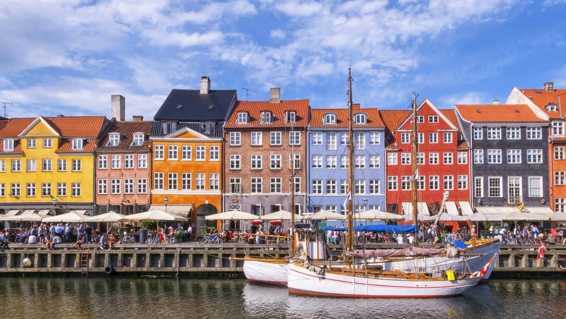 Nyhavn Port Tourists In Harbor Restaurants Wallpaper
