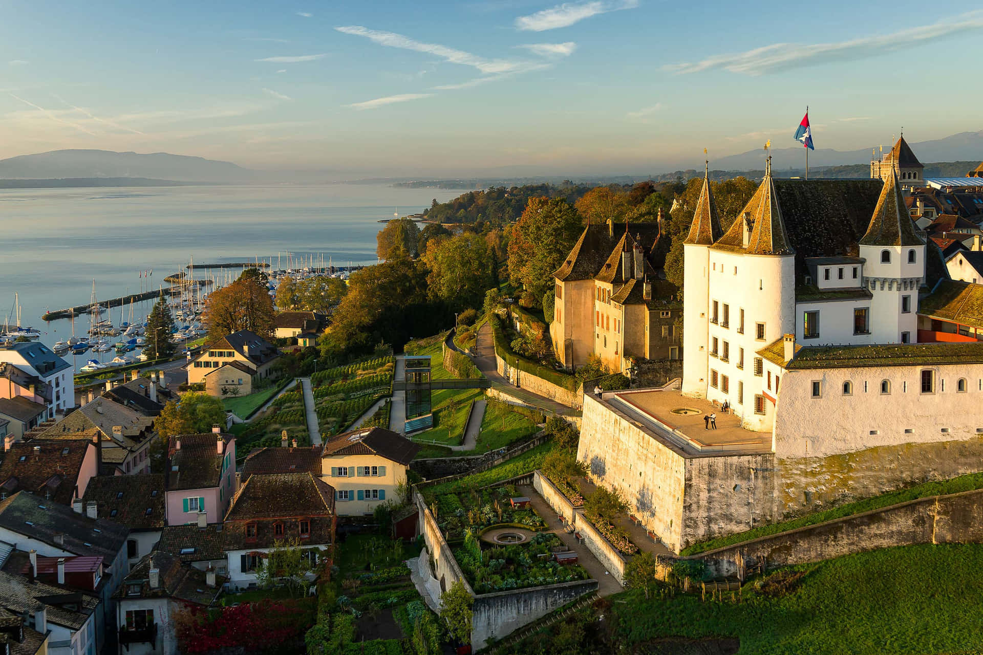 Kasteel Nyon Uitzicht Op Meer Van Genève Achtergrond