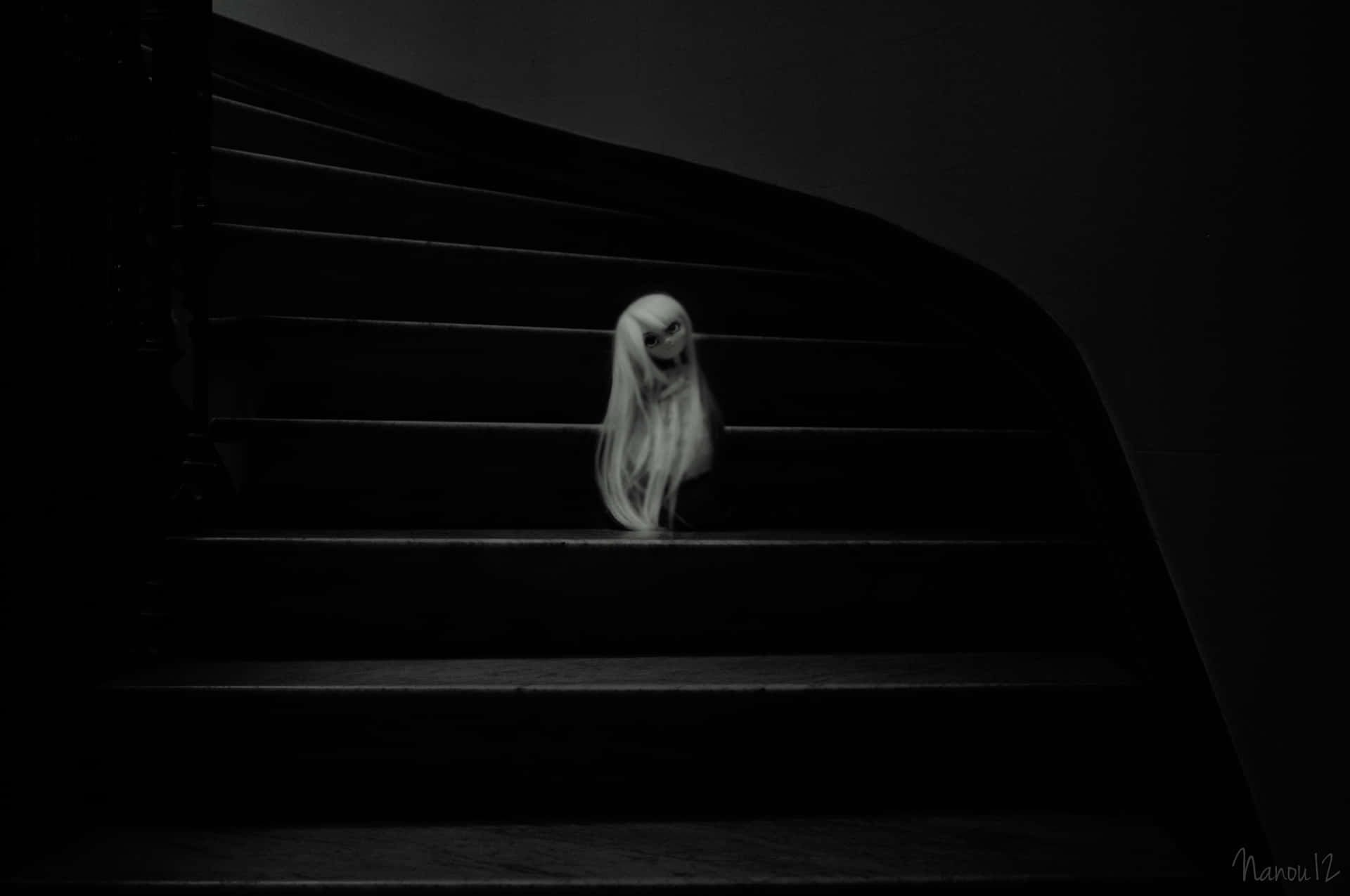 Obscure Doll In Black Stairs Wallpaper