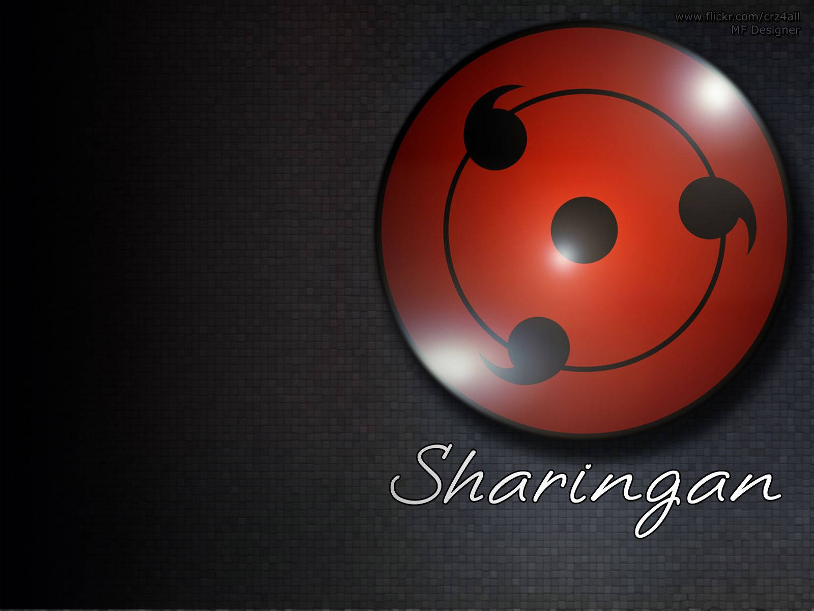 Get the Sharingan power. Wallpaper — A glowing red Sharingan eye symbol with three tomoe swirls centered on a dark tiled wall with the word Sharingan scripted below.