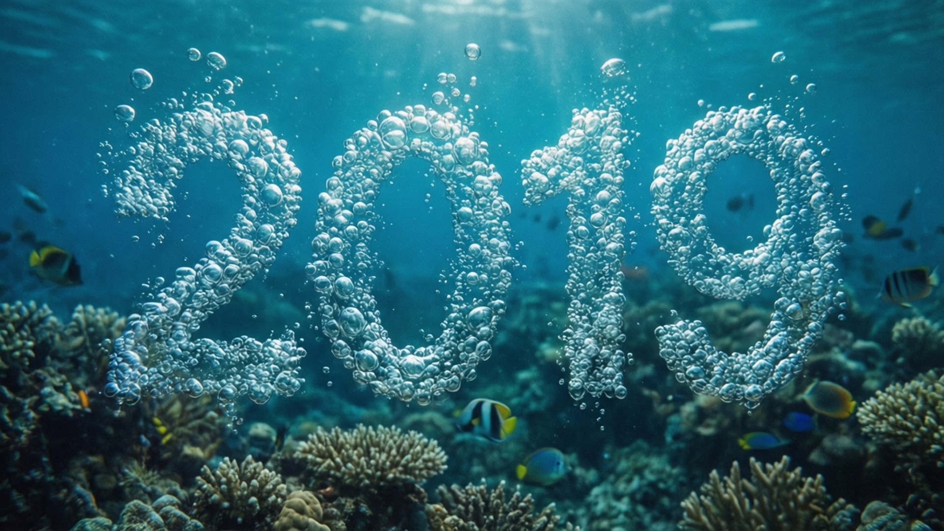 Bubblor som stavar 2019 över korallrev med tropiska fiskar