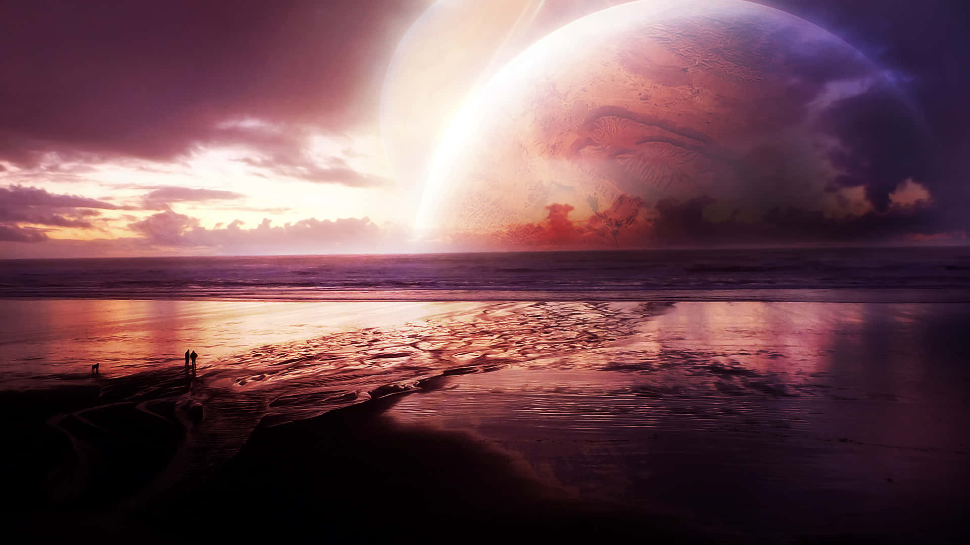 A Planet Is Seen Over The Ocean At Sunset Wallpaper