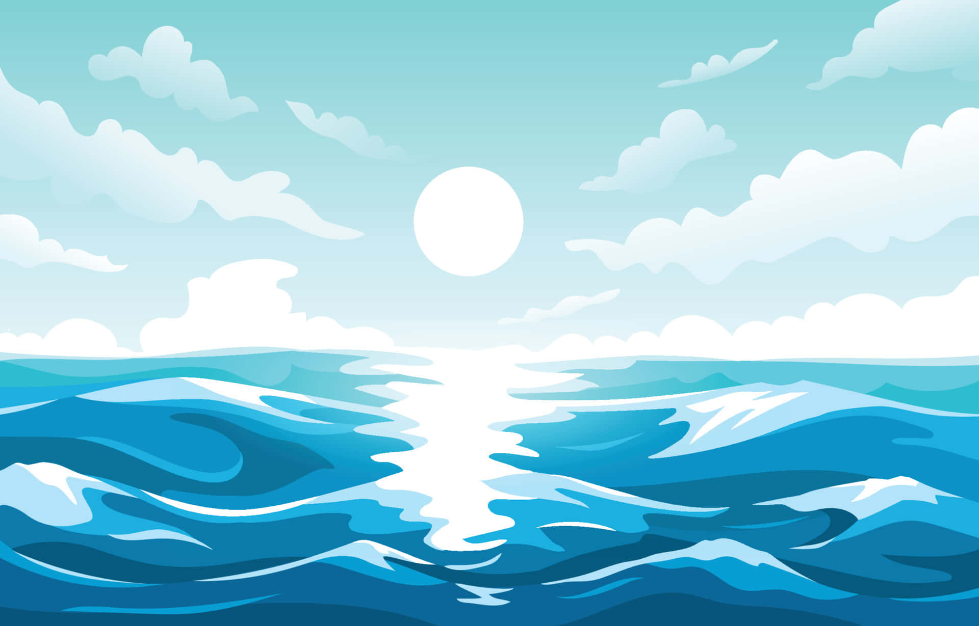 A Cartoon Illustration Of The Ocean With Clouds And Sun