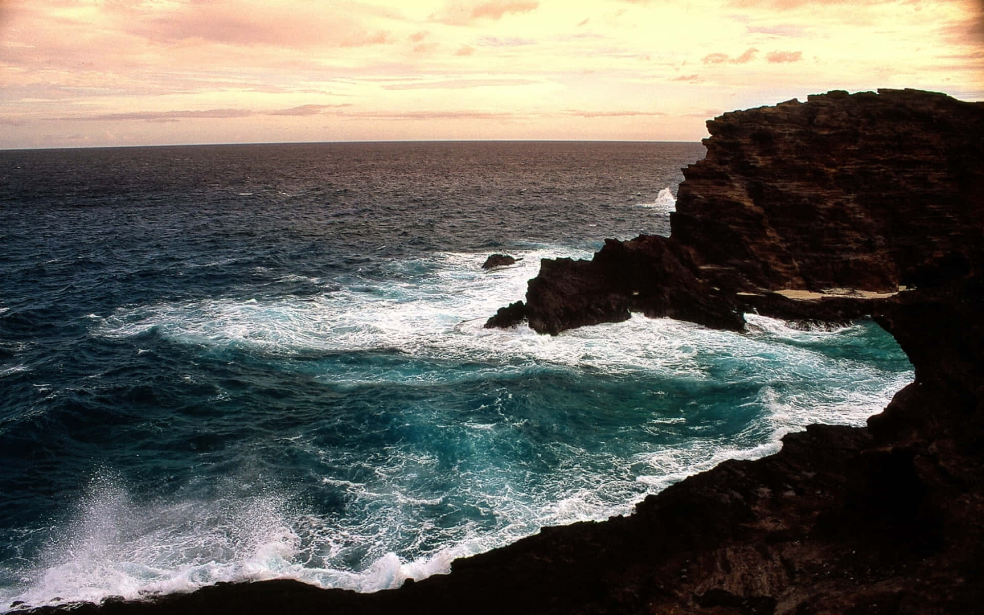 Ocean Cliff Sea Waves Sunset View Wallpaper
