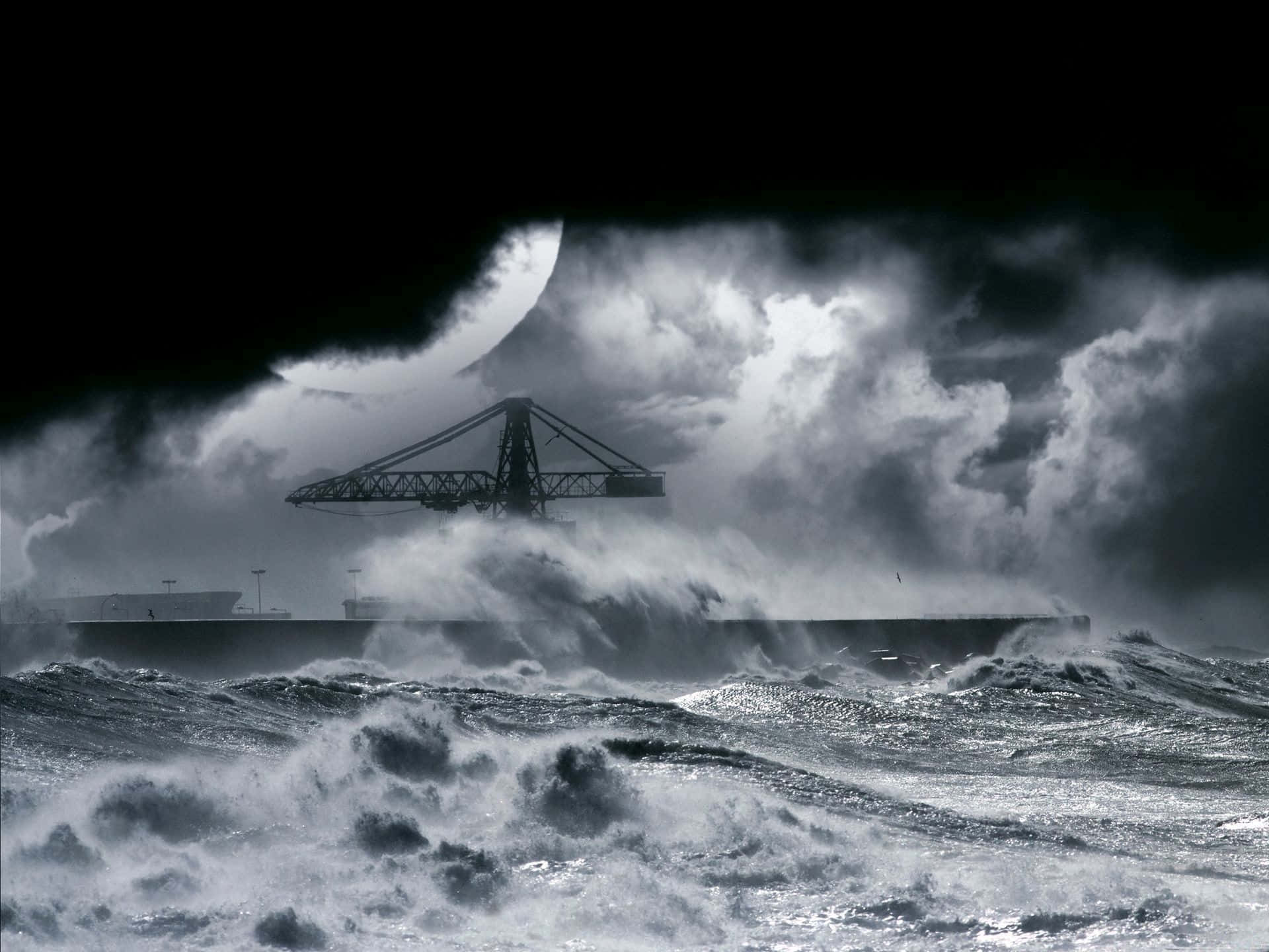 A lone boat rides out a storm at sea Wallpaper