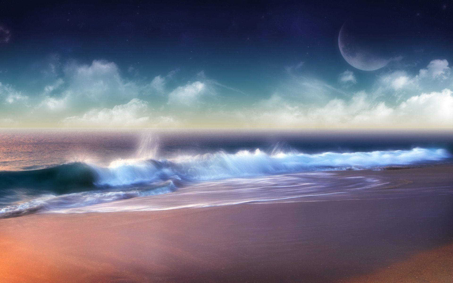 Atardecerdel Océano, Nubes, Luna Negra. Fondo de pantalla