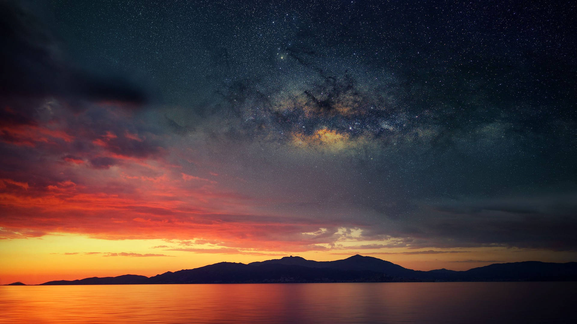 Ocean Sunset Galaxy Sky Wallpaper