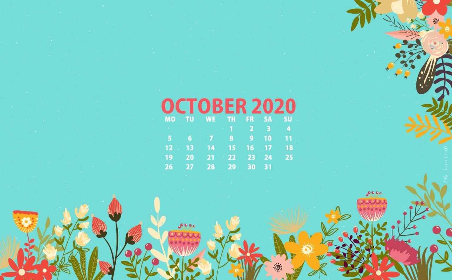 Oktober 2020 kalender med blomster og blomster Wallpaper