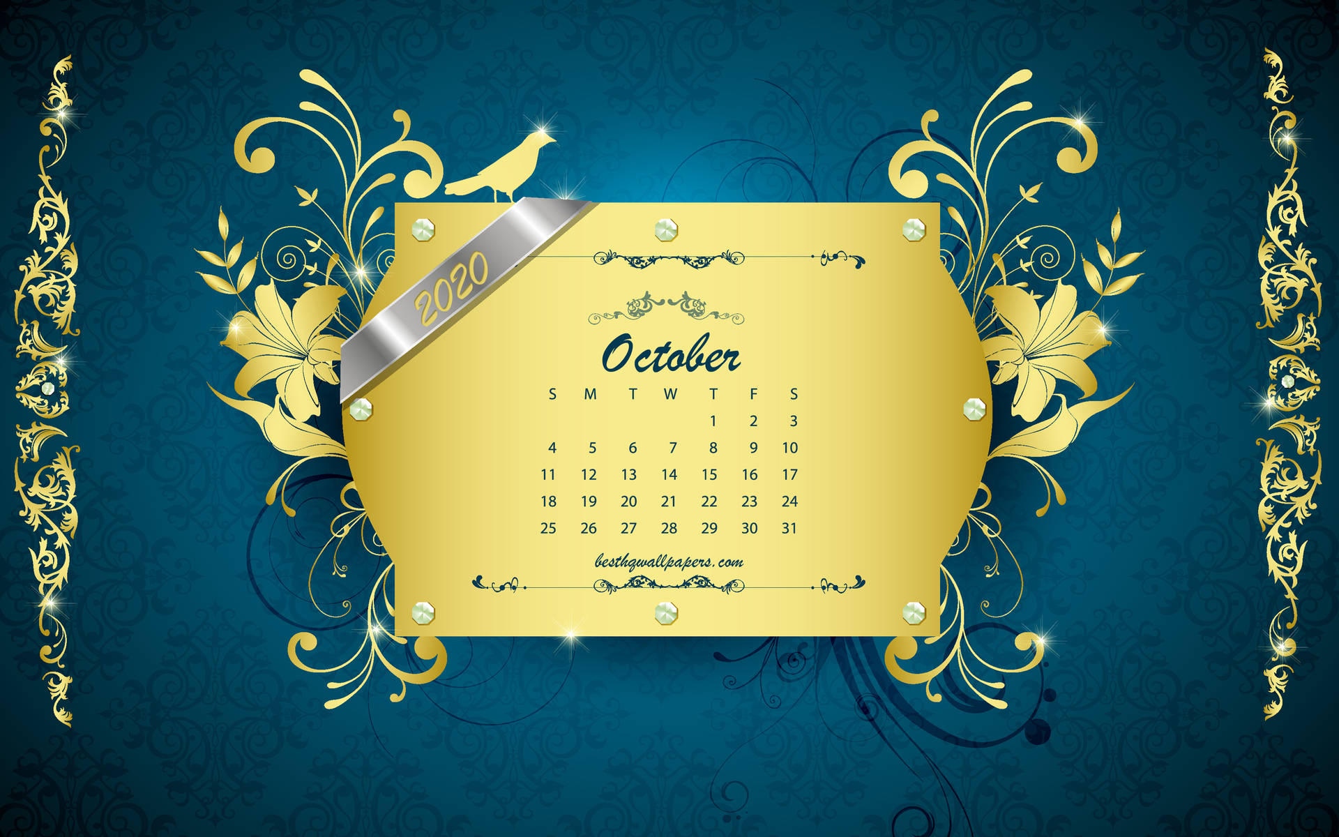 October 2020 Calendar Gold Wallpaper