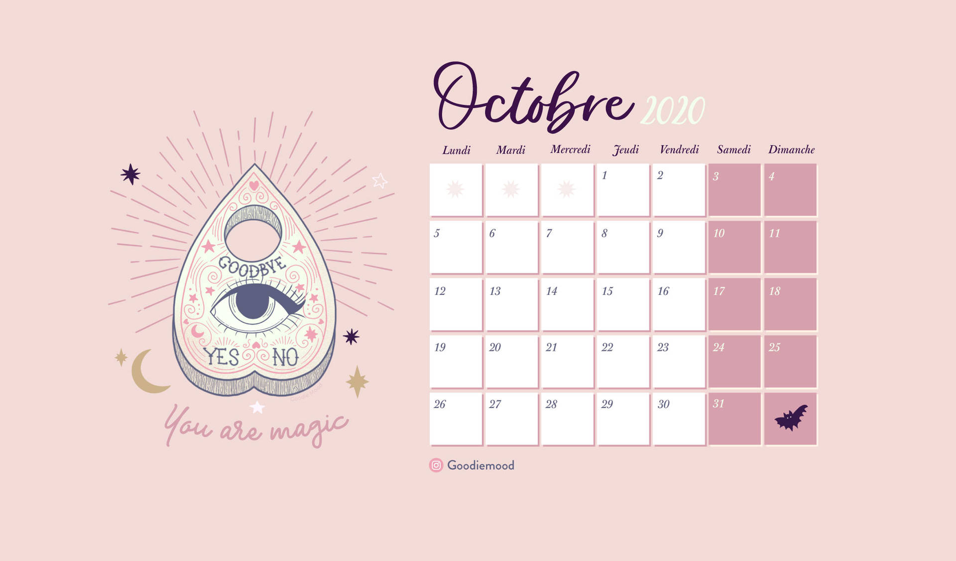 Calendariode Octubre 2019 Con Un Diseño Rosa Y Morado. Fondo de pantalla