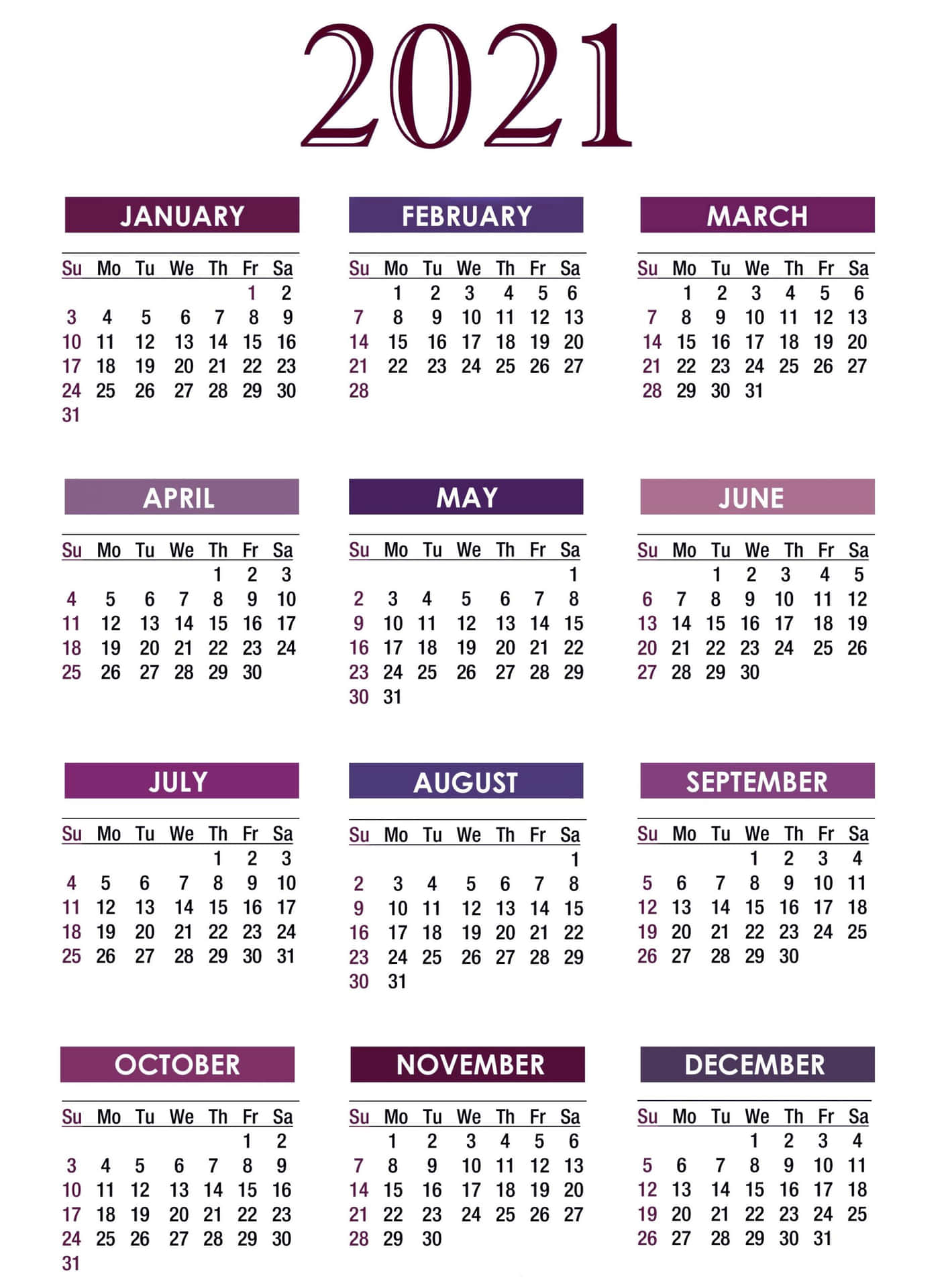 2021 kalender med lilla og hvide datoer. Wallpaper