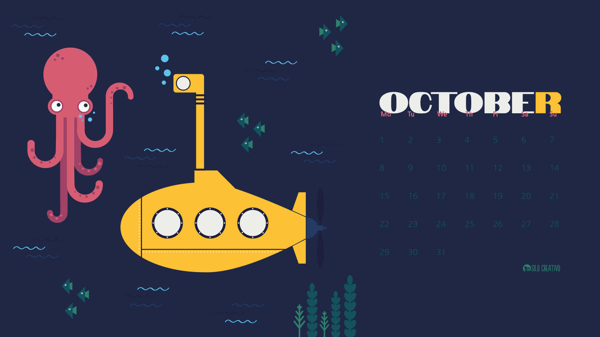 Oktoberhintergrundbild Mit Einem U-boot Und Einem Oktopus. Wallpaper