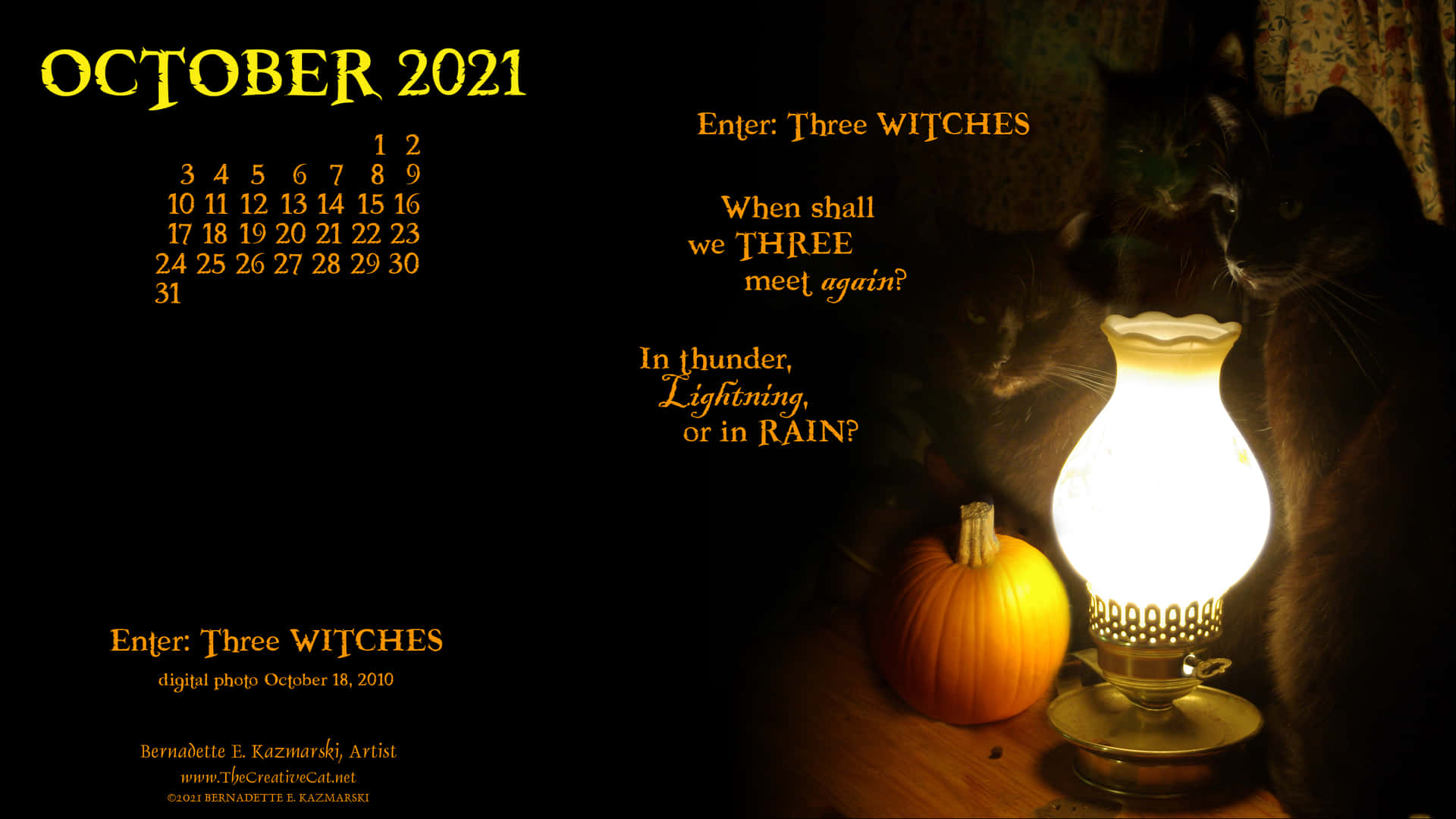October 2021 Calendar With Cats And A Lamp Wallpaper
