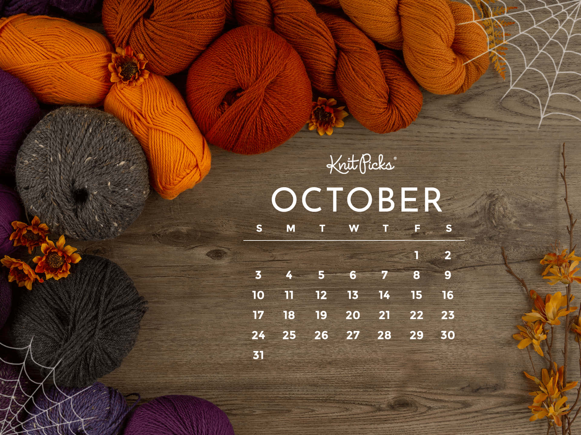 October Calendar With Yarn And Spiders Wallpaper